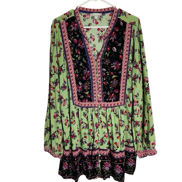 Woman Within Peasant Boho Top Womens 1X Green Floral Button Up Cottagecore Tunic - Picture 1 of 8